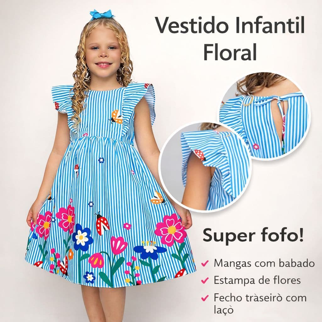 Vestido Infantil Menina Princesa  Listrado Floral Barrado Xadrez  QUADRILHA JUNINO LAÇAMENTO