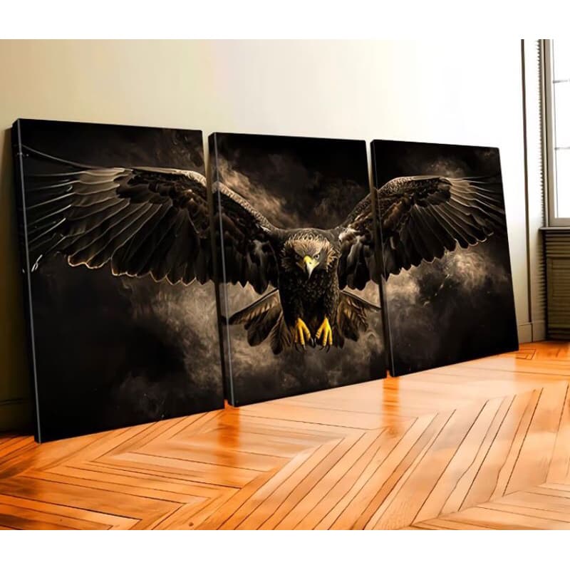 Kit 3 Quadros Decorativos Águia Real Premium Black Gold – Decoração Escritório, Sala e Quarto Moderna