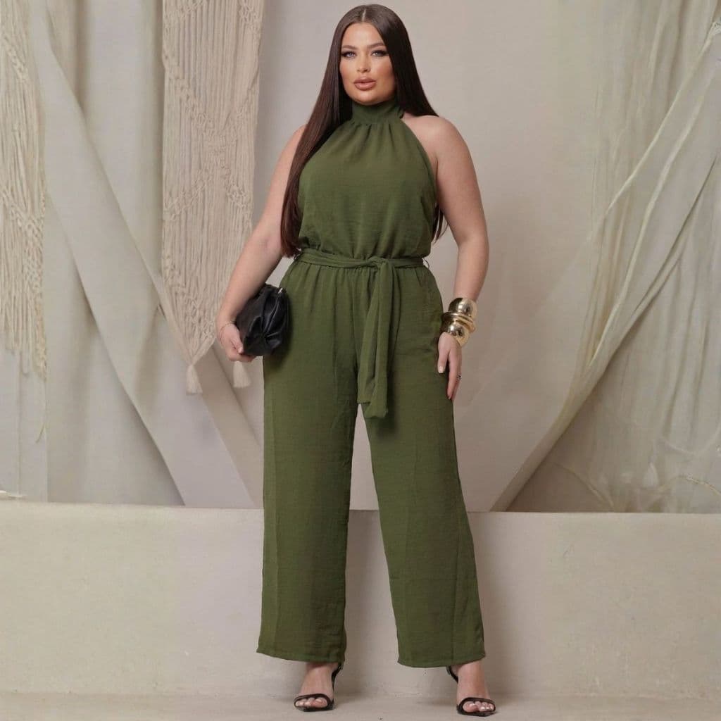 Macacão Feminino Plus Size Pantalona em Duna Amarração na Cintura Casual Elegante