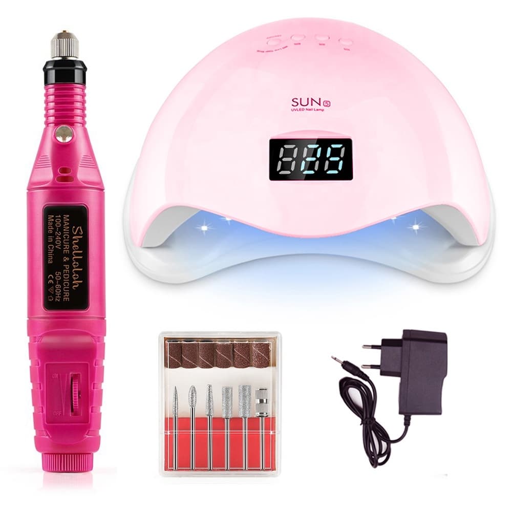 Kit Cabine Sun 5 48w Uv/led + Lixadeira Caneta Lixa Motor Unha Elétrica Profissional Bivolt