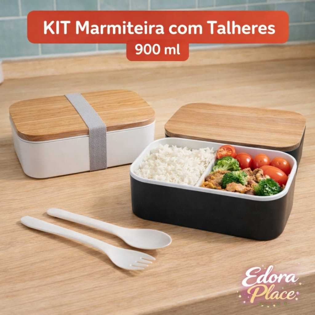 Kit Marmiteira com Talheres 900ml Branca Preta Marmita Fitness Marmiteira Organizadora de Alimentos