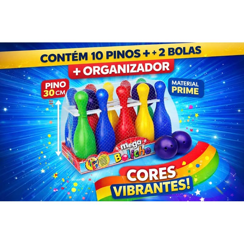 Jogo de Boliche Infantil - 10 Pinos de 30 cm + 2 Bolas - Material Prime - Cores Vibrantes - Com Organizador -  Premium