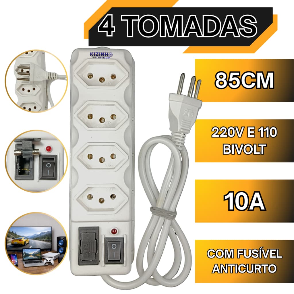 Filtro de Linha 4 Tomadas Régua Elétrica Branca 85cm 10A Bivolt com Fusível de Proteção 3A