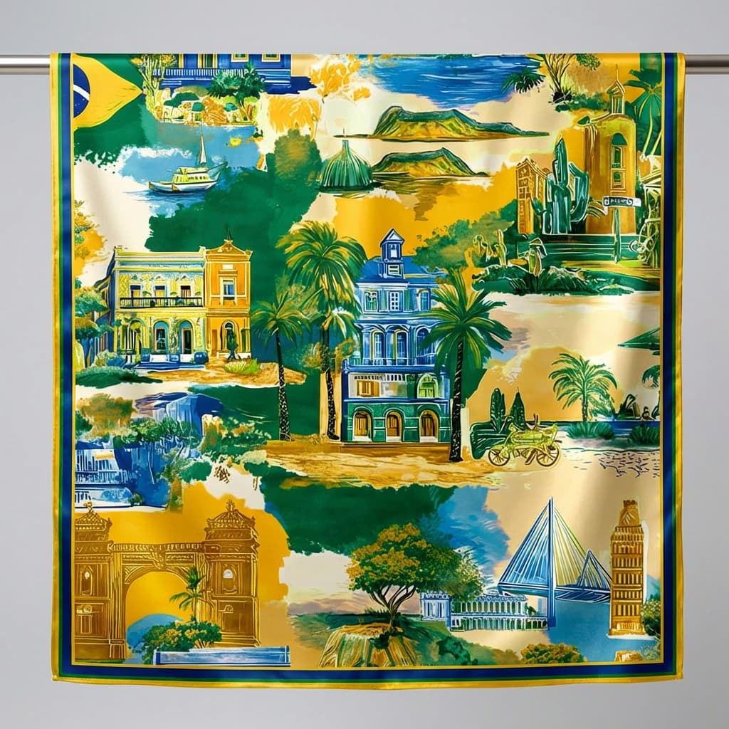Lenço Feminino Sublimado Cetim Grande Cabelo Bolsa 90x90 Cm Paisagens do Brasil Copa do Mundo