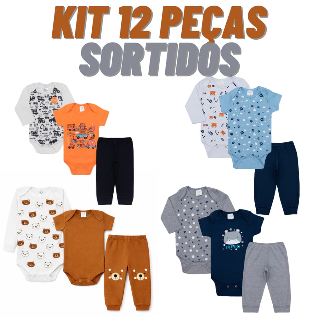 Kit Roupa De Bebe 12 Peças Body Manga Longa e Curta E Mijão Algodão Menino ou Menina Sortido