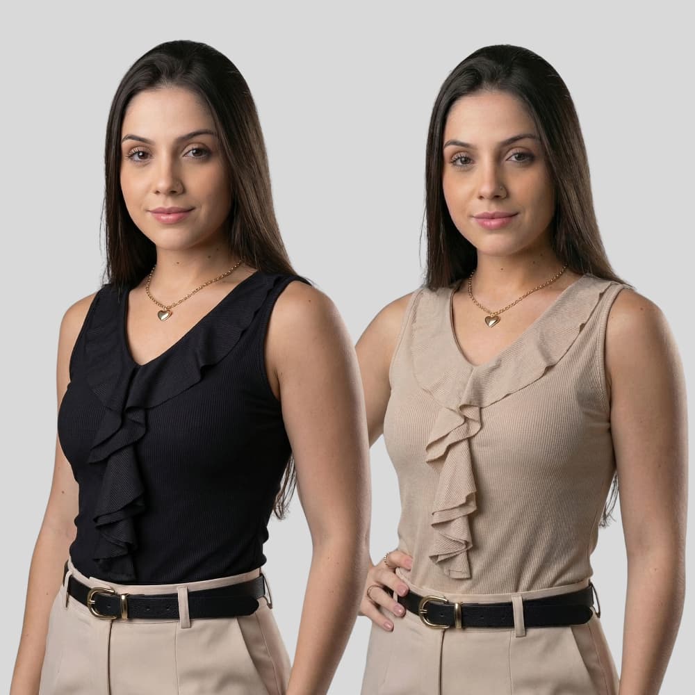 KIT 2 Blusa Regata Feminina Tendencia Babado Elegante Ribana Premium