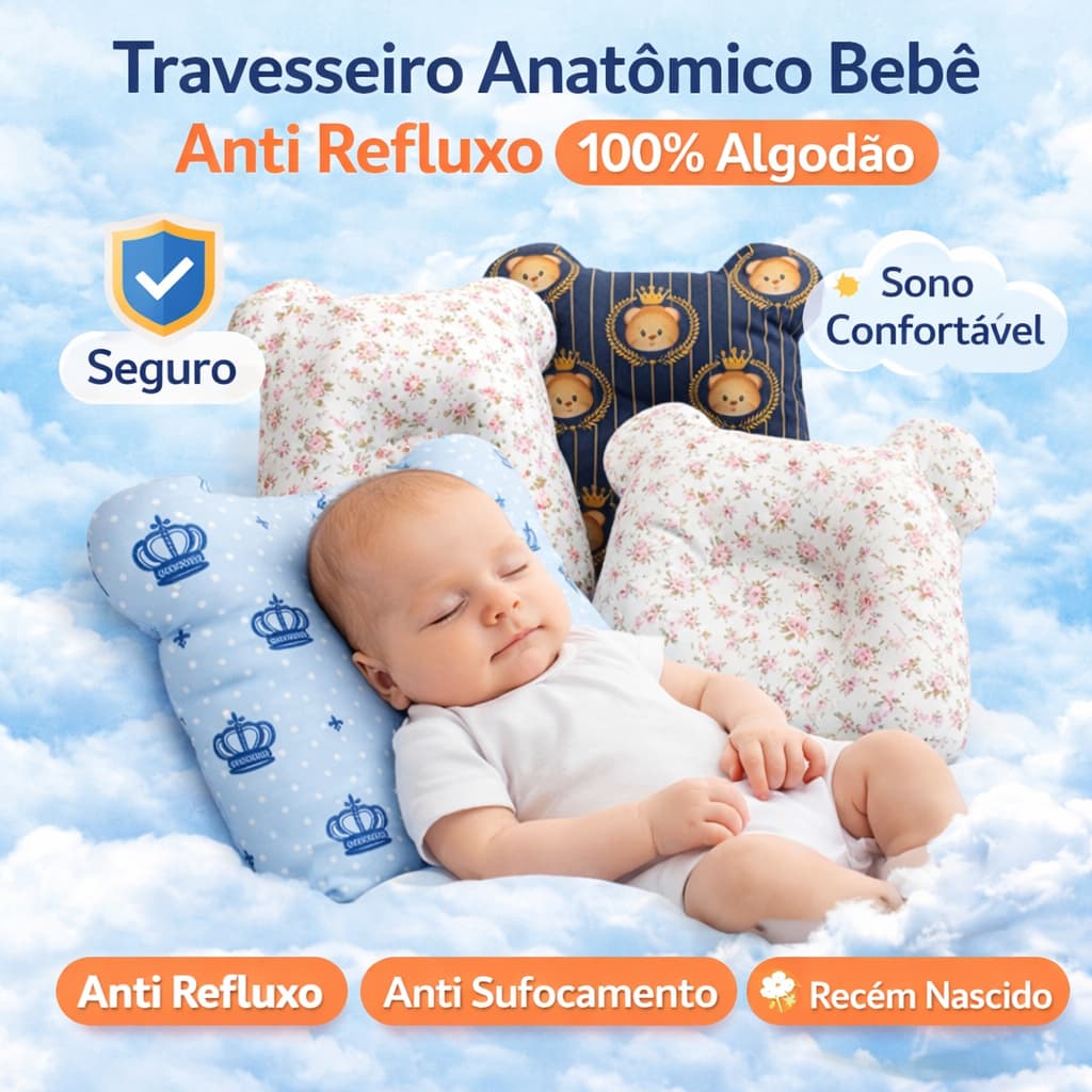 Travesseiro Anatômico Bebê Anti Refluxo 100% Algodão Conforto Recém Nascido