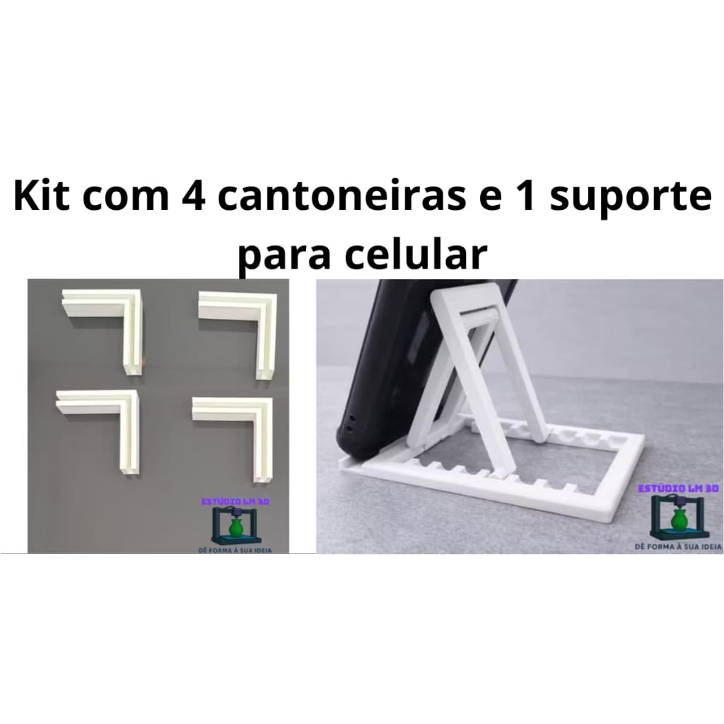 KIT com 4 cantoneiras em L 3mm + 1 suporte Regulável para celular - ideal para estúdio fotográfico