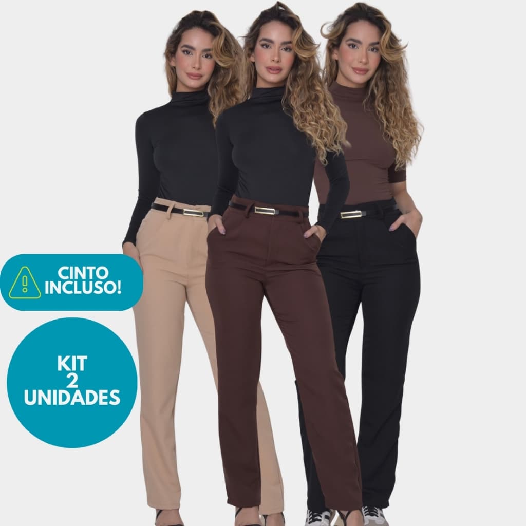KIT 2 Unidades Calça Alfaiataria com Cinto Pantalona com Bolso Cintura Alta Social Casual