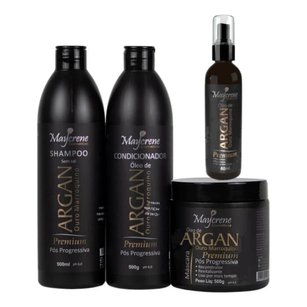 Kit Argan Premium Maycrene Completo 4 Itens Pós Progressiva Shampoo Condicionador Máscara Óleo Reparador