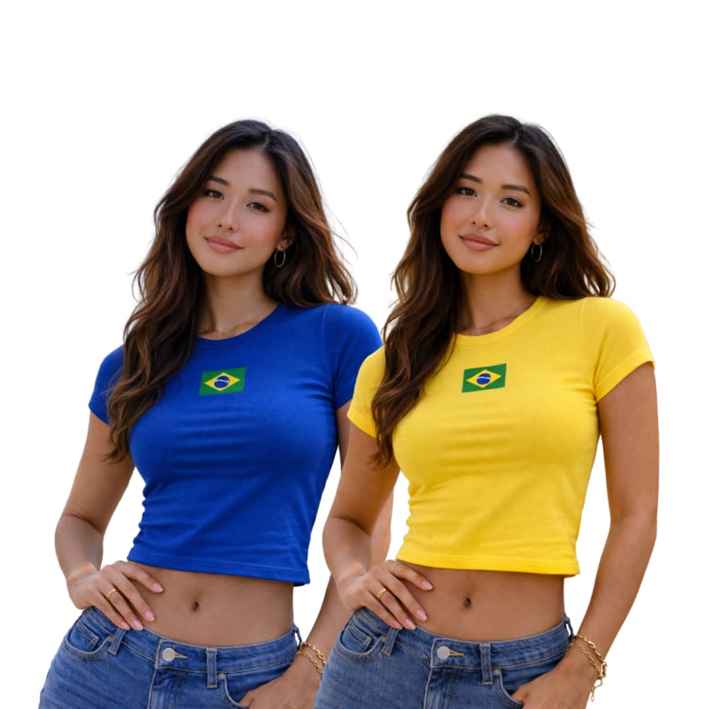 Kit 2 Peças Blusa Feminina Baby Tee Brasil 100% Algodão - Promoção Copa Do Mundo 2026