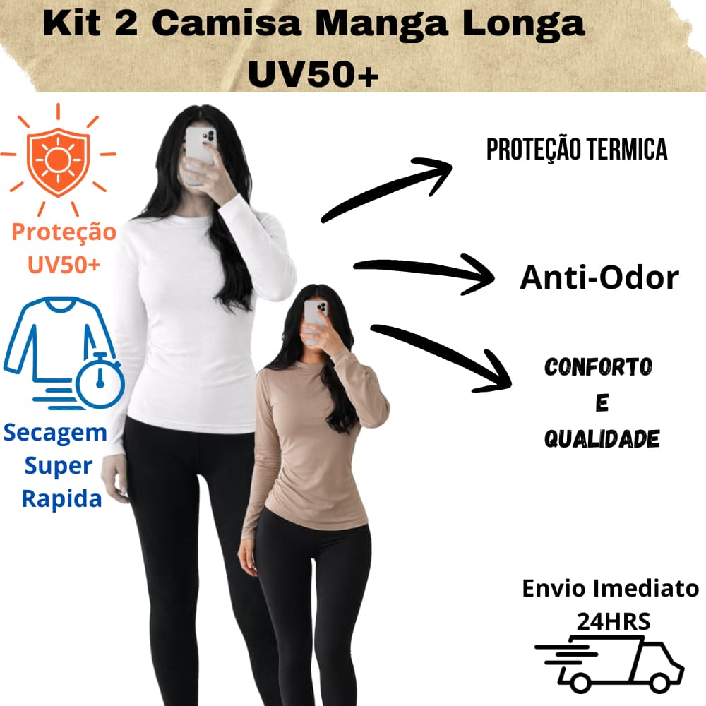Kit 2 Camisa manga longa feminina UV blusa térmica estilosa colada ao corpo caminhada academia ao ar livre