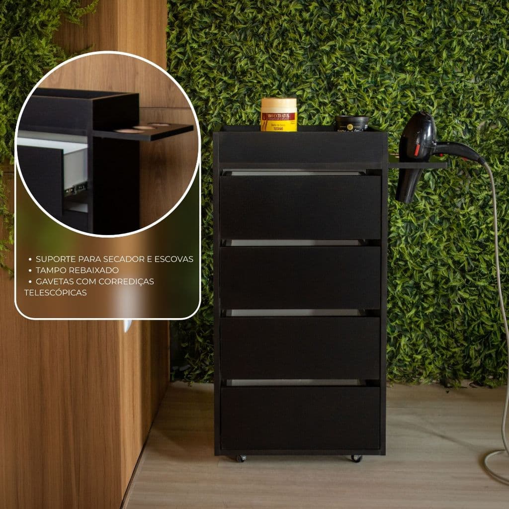 CARRINHO AUXILIAR MULTIUSO COM SUPORTE PARA SECADOR E ESCOVAS - PRETO - 100% MDF - ENVIAMOS MONTADO EM ATÉ 24h