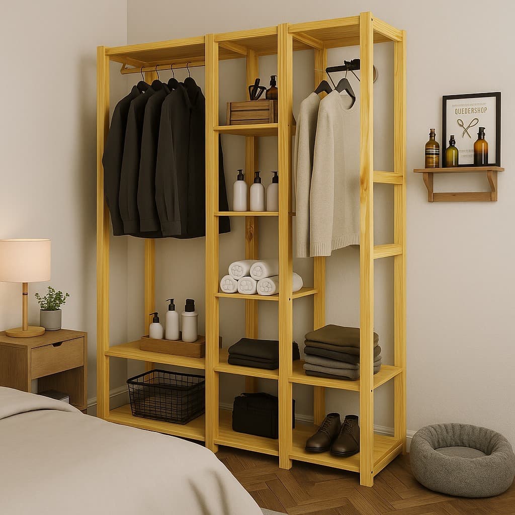 Estante Arara Organizadora com Cabideiro 8 Prateleiras Pinus Multiuso Closet Quarto Guarda Roupa