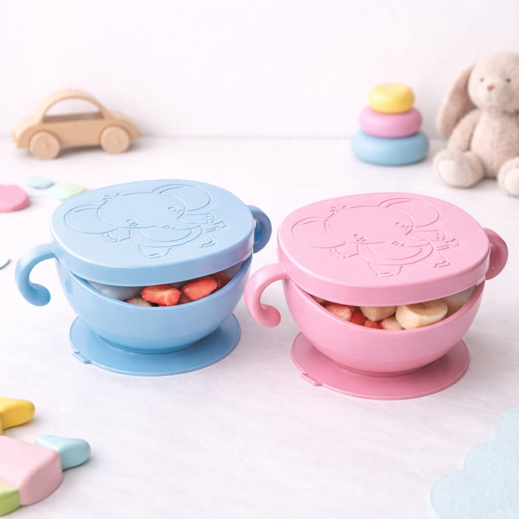 Bowl Infantil com Tampa e Ventosa Elefante | Anti Queda, Seguro e Prático para Bebês - Lyor