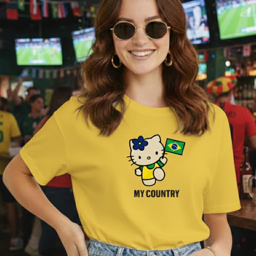 Camiseta Feminina 100% Algodão T Shirt Brasil Copa Azul Verde Amarela Hello Kit Bandeira Estilosa Envio Imediato