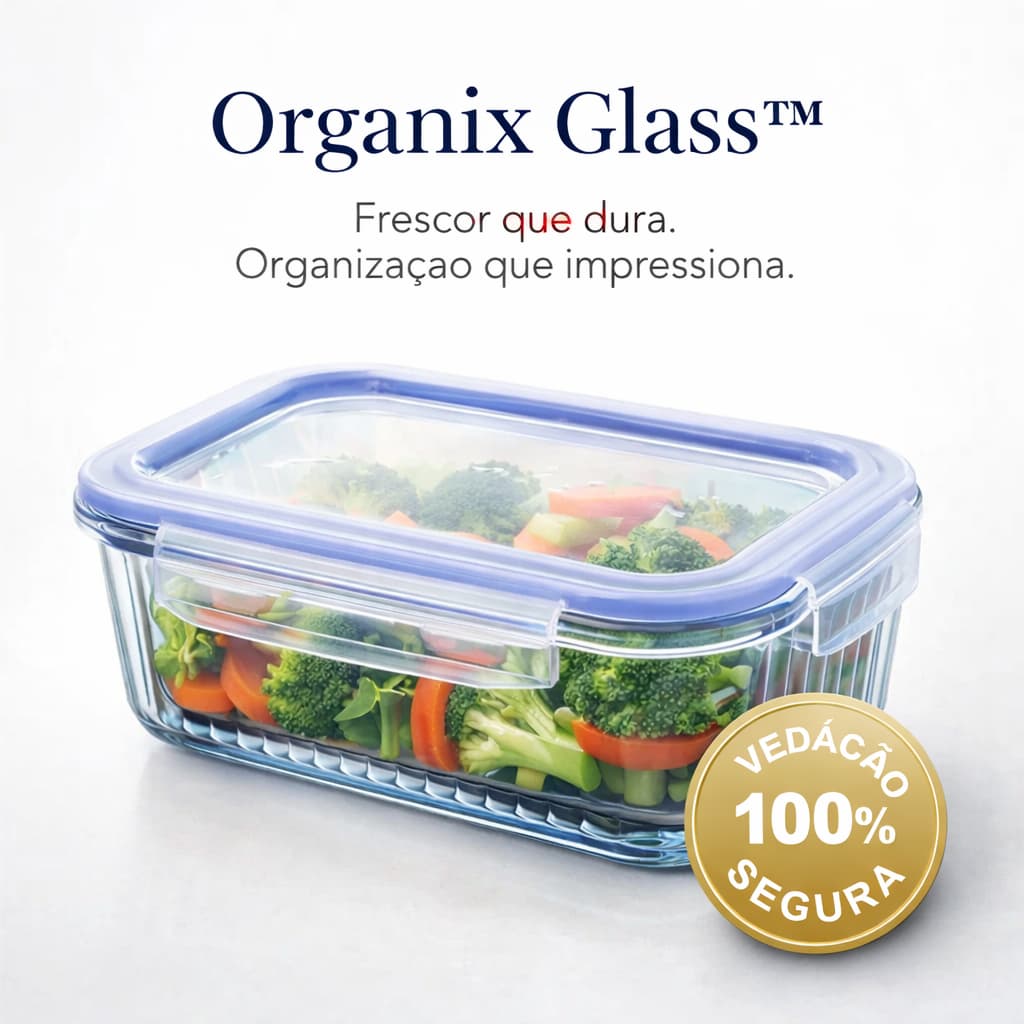 Pote Hermético  Organix Glass Retangular 640ml Tampa Estampada Vedação Segura Organização Cozinha