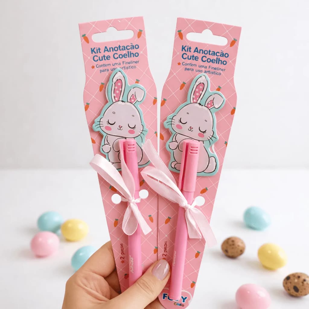Kit Anotação Cute Coelhinho 2 Peças FOFY – Bloco + Caneta Papelaria Fofa Importada Blister Kawaii