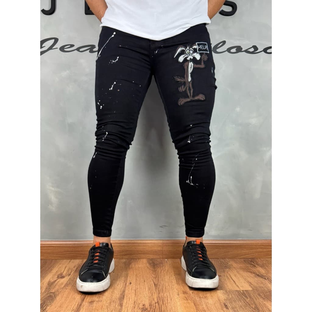 Calça Masculina Jeans Preta Super Skinny Bordado 4k
