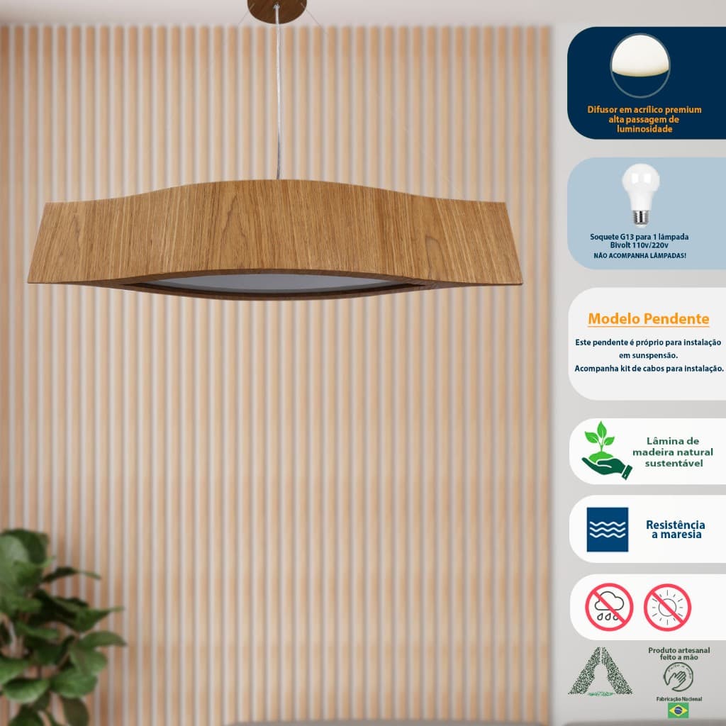 Luminária Pendente de Madeira Freijó Modelo Canoa 100cm 1XG13