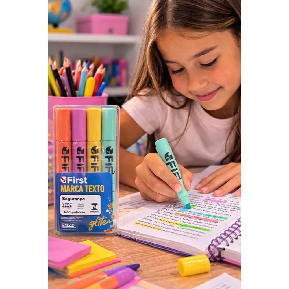 Kit 4 Marca Texto Glitter Pastel Brilhante Escolar Papelaria Fofa Kawaii Profissional First