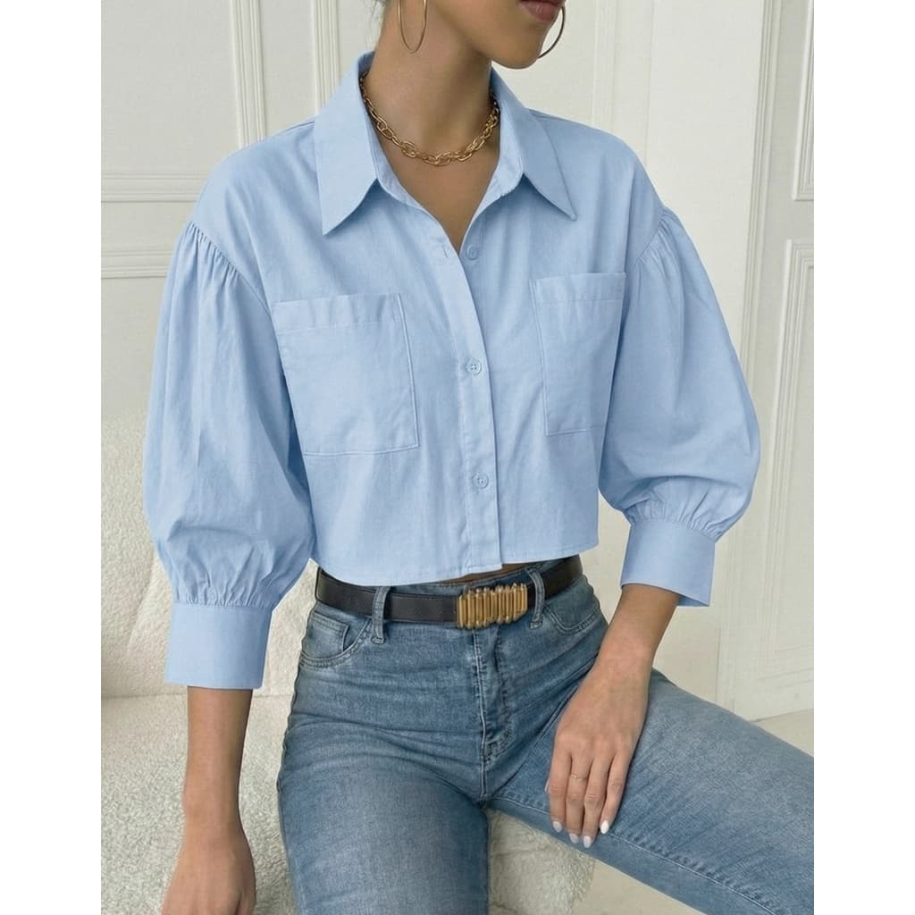 Camisa Blusa Feminina Manga Longa Bolsos Botões Moda Social Elegante