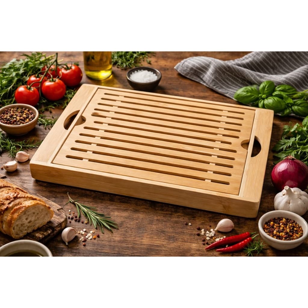 Tábua para Pão com Migalheira 36x22 em Bambu – Corte Sem Sujeira, Resistente e Fácil de Limpar