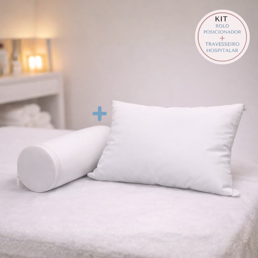 Kit 1 travesseiro hospitalar 30cm x 40cm com enchimento em fibra de silicone e 1 rolo posicionador 15cm x 50cm com capa
