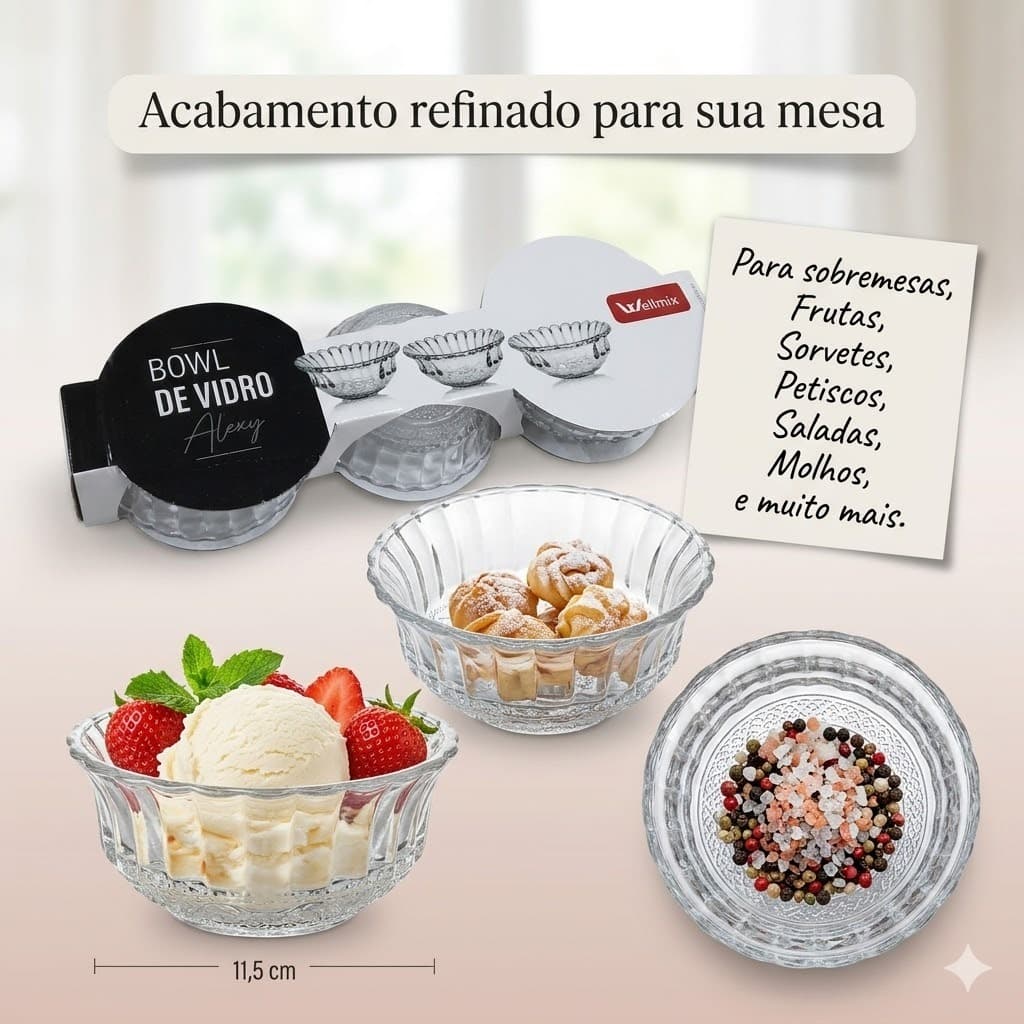 Kit 3 Peças Sobremesa Vidro Durabilidade Servir Sorvetes Doces Refinamento Para Mesa