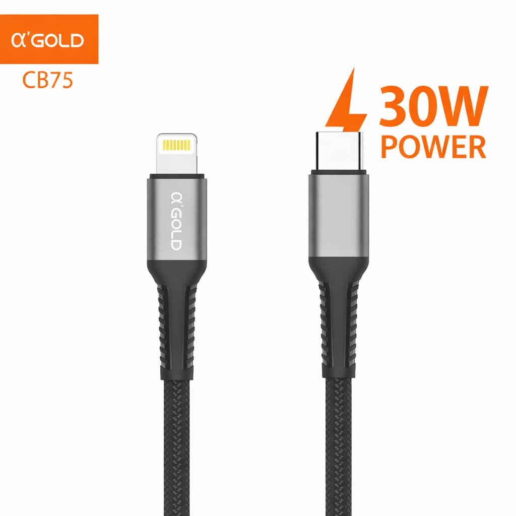 Cabo Carregador USB-C + Lightning Turbo 30W 1M/2M A'GOLD Nailon Carga Rapida Resistente