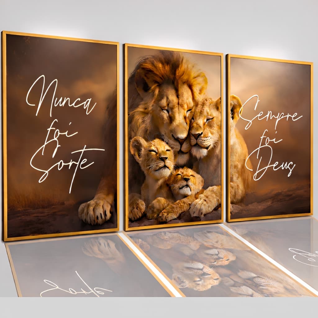 Kit 3 Quadros 122x60 Sala Decorativo Leão Motivação Familia Fé