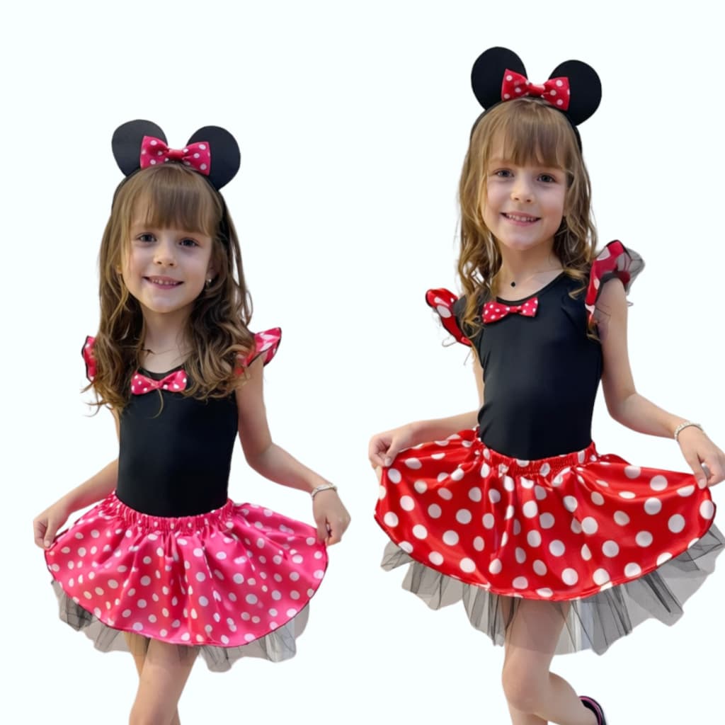 Fantasia Infantil Menina Minnie Mouse Disney Tiara Saia Body - Vermelho Rosa