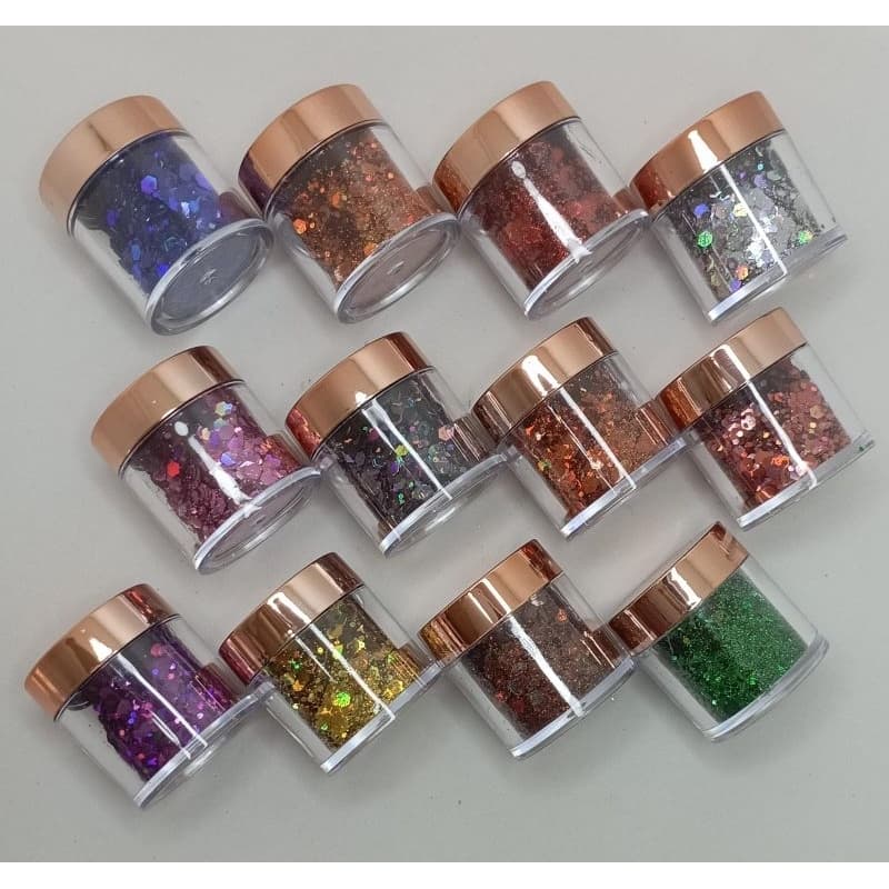 Kit Glitter Multicolor Premium 12 Cores – Nail Art, Maquiagem e Artesanato