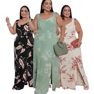 Vestido Feminino Longo Plus Sise Estampado Premium Fendas Elegante Confortável Soltinho Casual Luxo