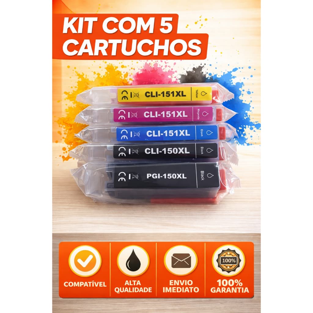 Kit 5 Cartuchos Compatíveis PGI-150xl CLI-151xl iP7210 iP8710 iX6810 MG5410 MG5510 5610 7510 MX721