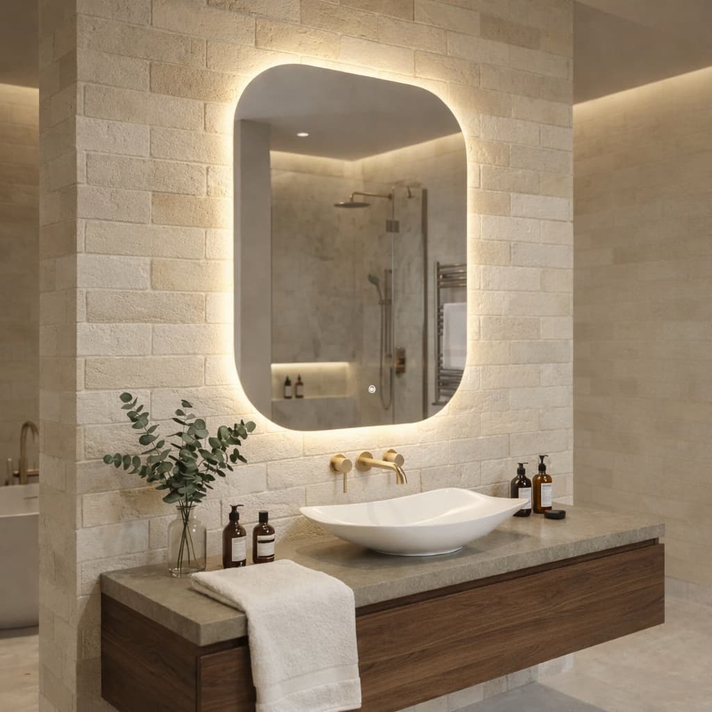 Espelho Grande Retangular 60x80 cm Jateado com LED Quente Fria e 3 Cores Bivolt Banheiro Penteadeira