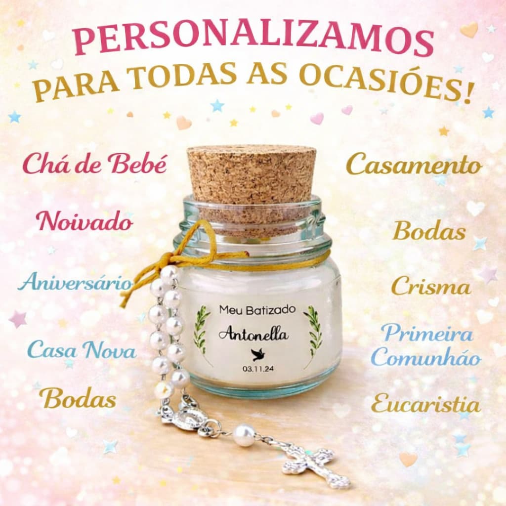 7 Velas Aromáticas com Mini Terço | Batizado, Crisma e Primeira Comunhão