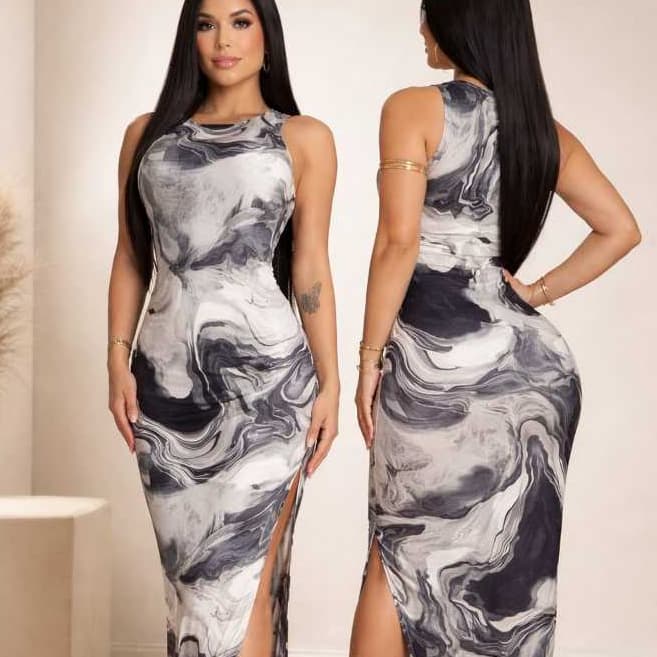 Vestido Feminino Midi estampa marmorizada com fenda lateral tendencia