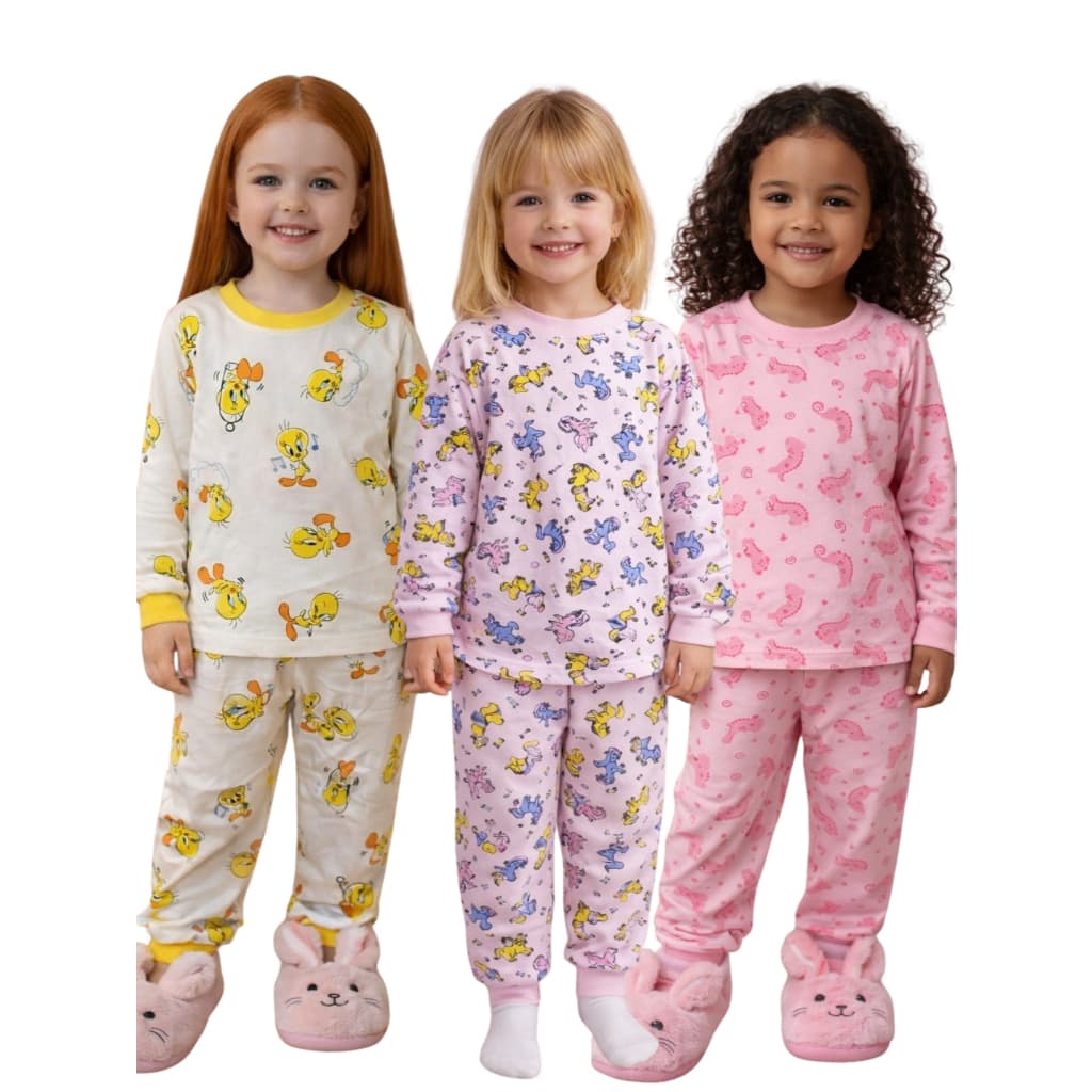 Kit 6 Peças Pijama Inverno Infantil Menina 3 Manga Longa e 3 Calça com Punho em Algodão 1 ao 12