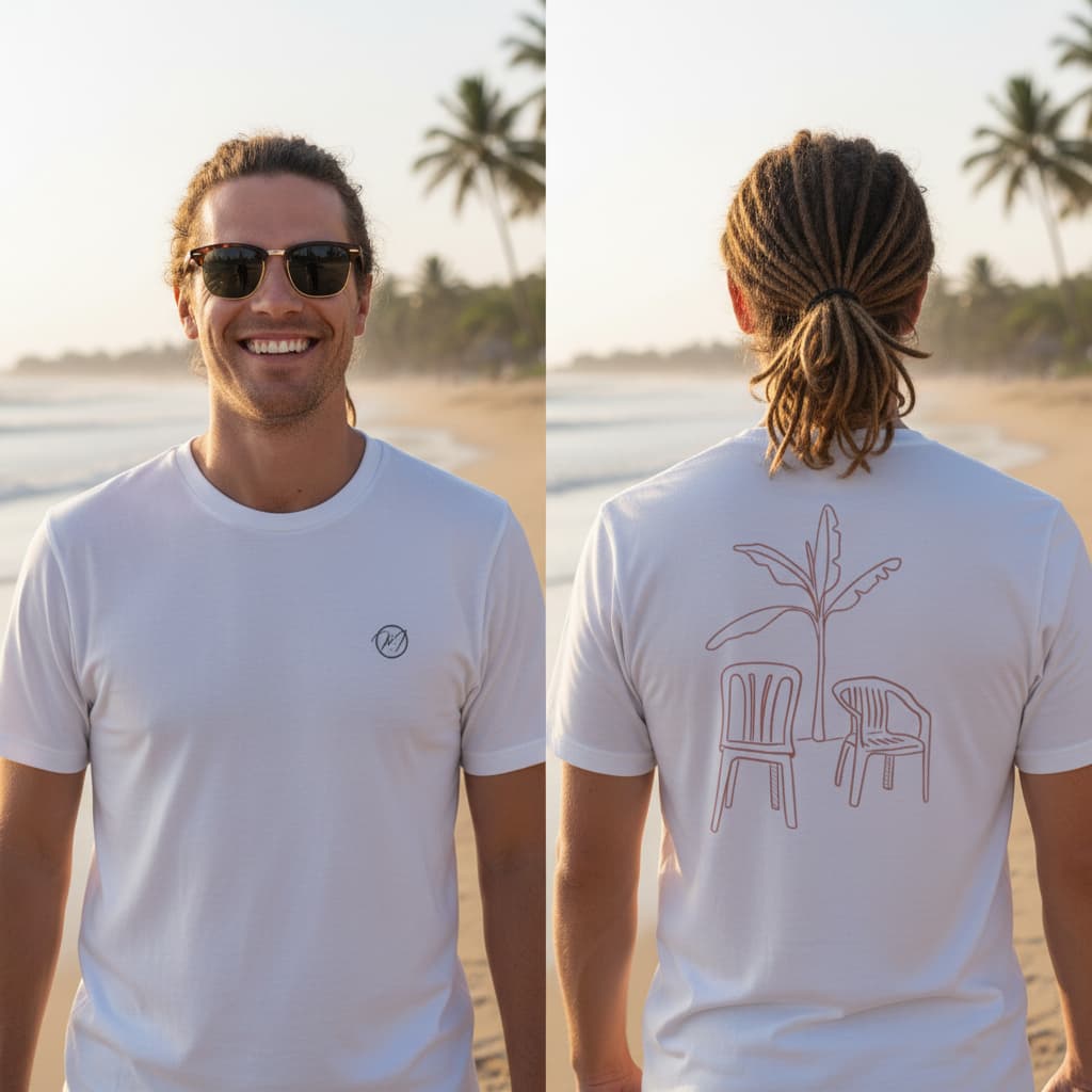 1.	Camiseta Masculina 100% Algodão Premium Malha 30.1 Branca Cadeiras Praia Confortável Miganiê
