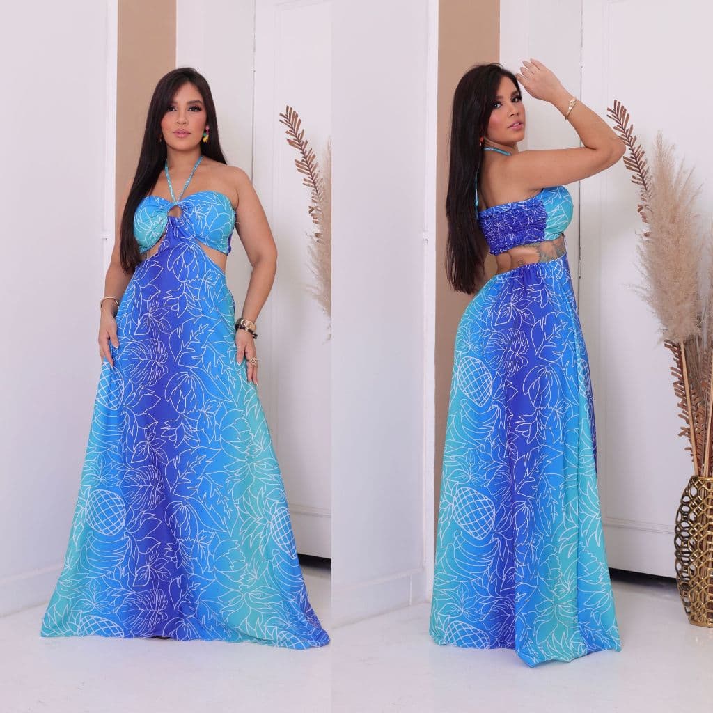 Vestido Longo Floral Azul turquesa Feminino Look Leve, Fresco e Sofisticado para o Verão.