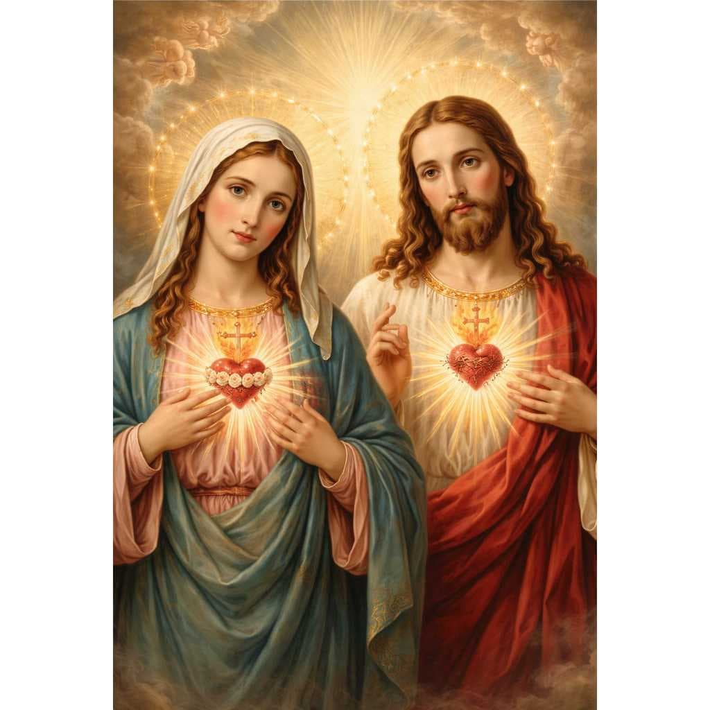 Quadro decorativo Jesus e Maria Sagrado Coração Fé Religião Amor Casa Sala Devoção