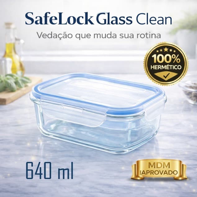 Pote Hermético Vidro Borossilicato 640ml SafeLock Glass Clean™ Anti Vazamento Marmita Premium Tampa