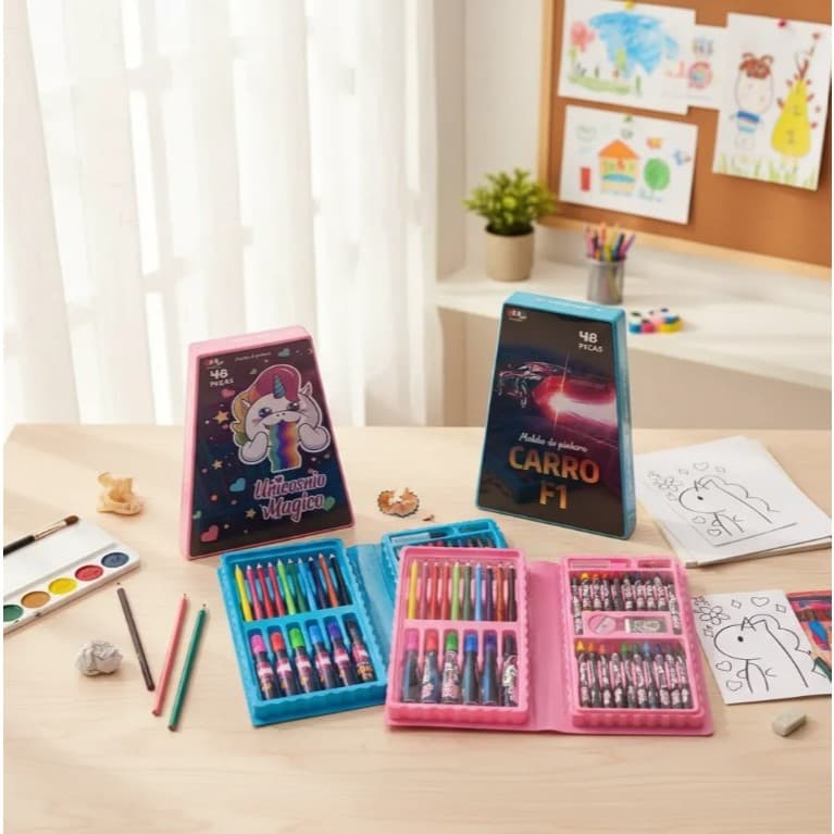 Maleta Pintura Infantil 48 Peças Kit Escolar Atividades - Unicornio ou Carro