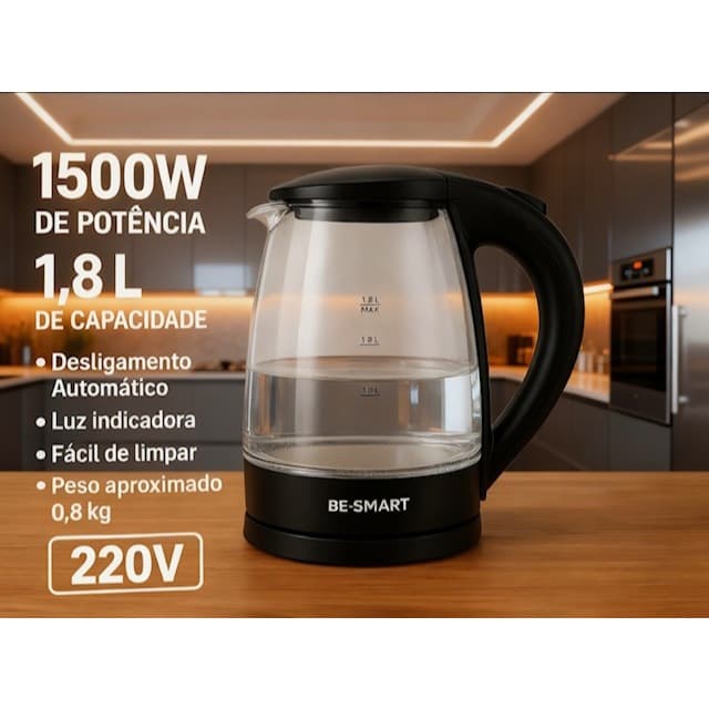Chaleira Elétrica de Vidro 1,8L Desligamento Automático 220V