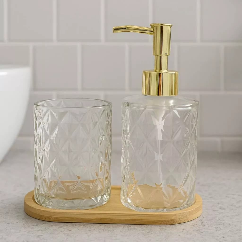 Kit Lavabo 3 Peças Vidro e Bambu Porta Sabonete Líquido Organizador Bandeja de Bambu Clink