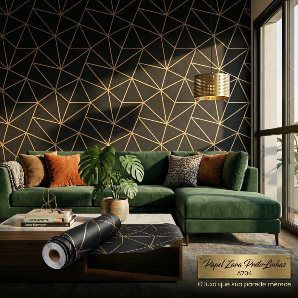 Papel De Parede Adesivo Geométrico Preto E Dourado Luxo Lavável