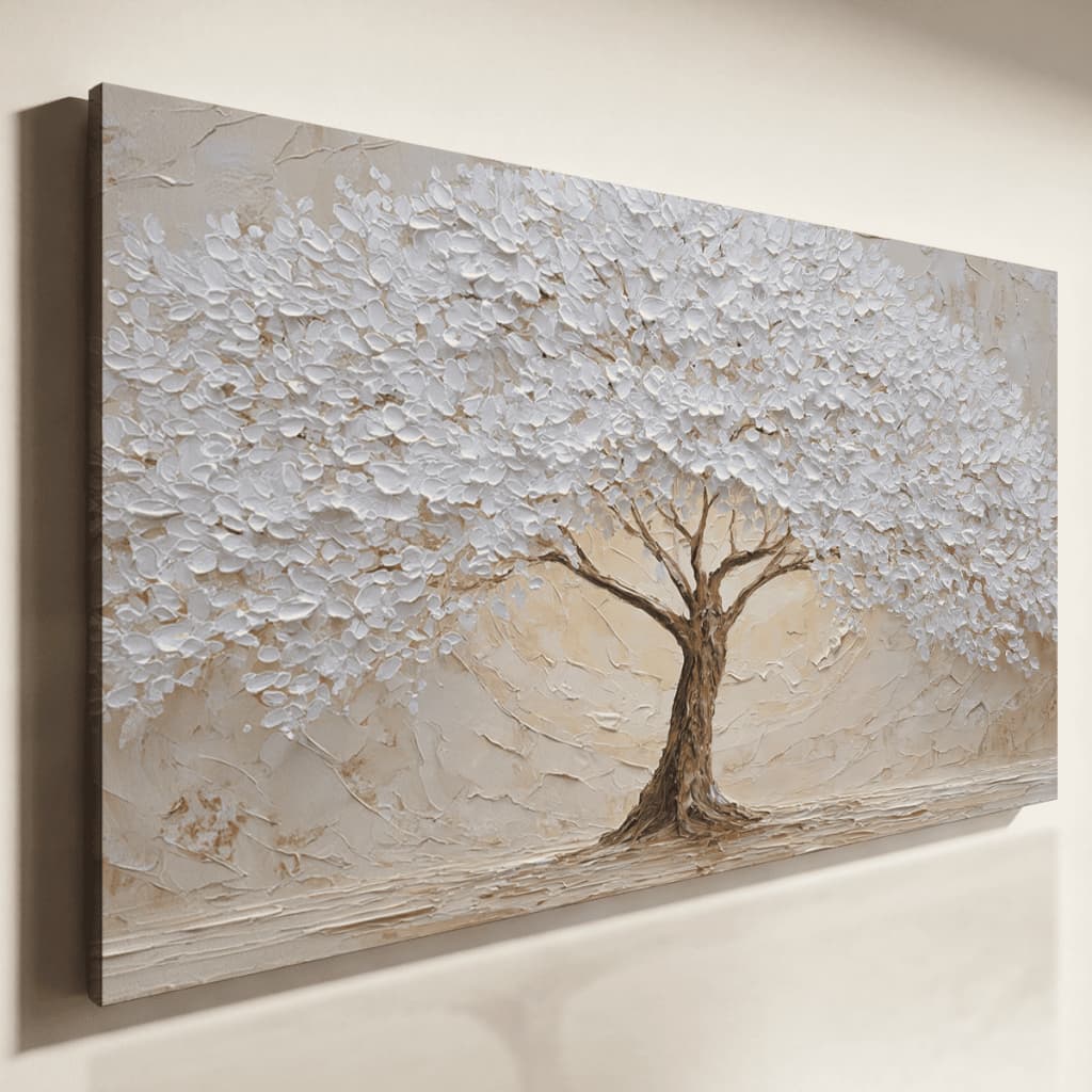 Quadro Decorativo Árvore Branca 3D Texturizado Tons Neutros Minimalista Sala Elegante