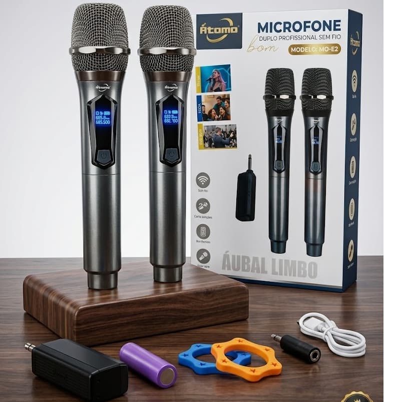 Par de Microfone Átomo proficional  MO-E2  sem fio com  bateria audio limpo