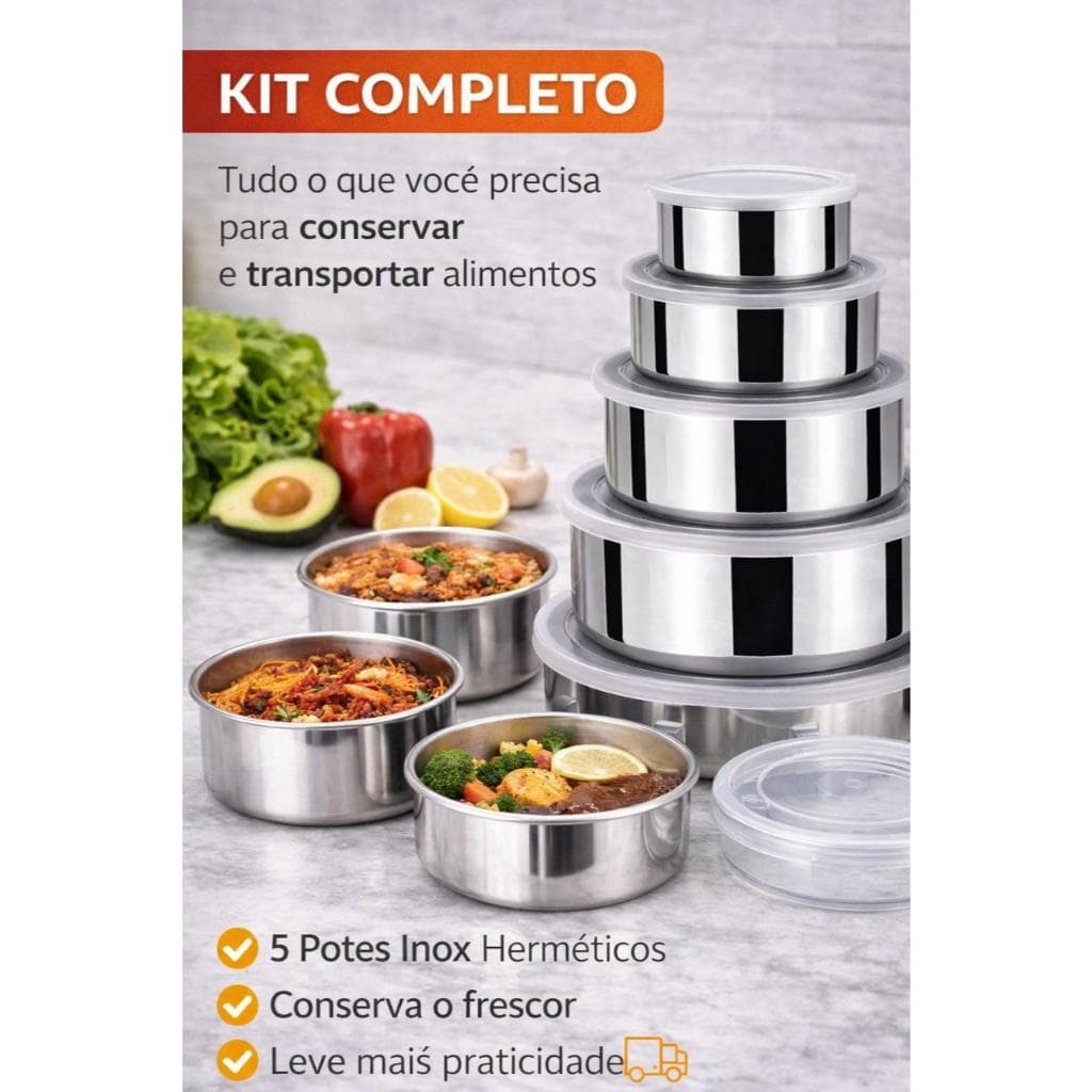 KIT 5 POTES INOX  NÃO VAZA TAMPA HERMÉTICA CONSERVA E ARMAZENA ALIMENTOS PRATICO NA COZINHA